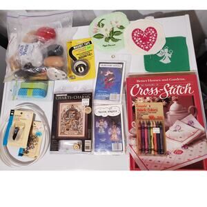 Vintage Cross Stitch Sewing Notions Lot Pattern Books Kits Craft Supplies